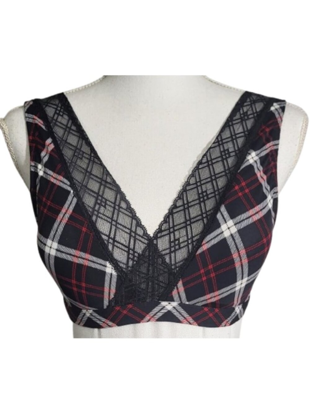 ANNE KLEIN Black White & Red Striped Padded Lace Bra - Women's M